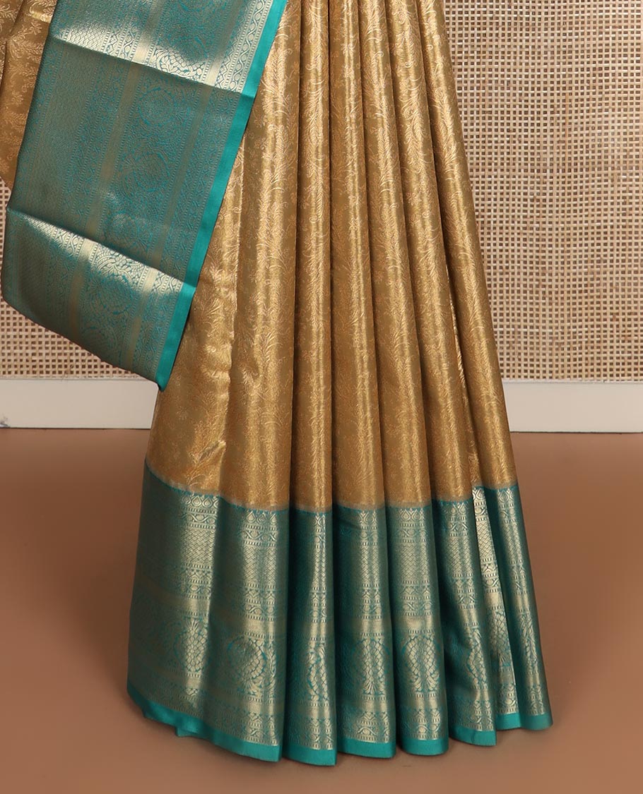 Golden yellow zari vine jacquard budget silk saree, contrast traditional zari design border, and pallu of zari jaal design weave
