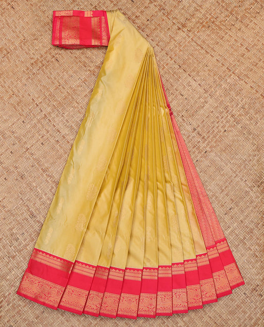 Yellow Budget Silk Saree, Enriched with Zari Buttas, a Contrast Traditional Zari Rettai Pettu Border, Grand Pallu, and a Contrast Blouse