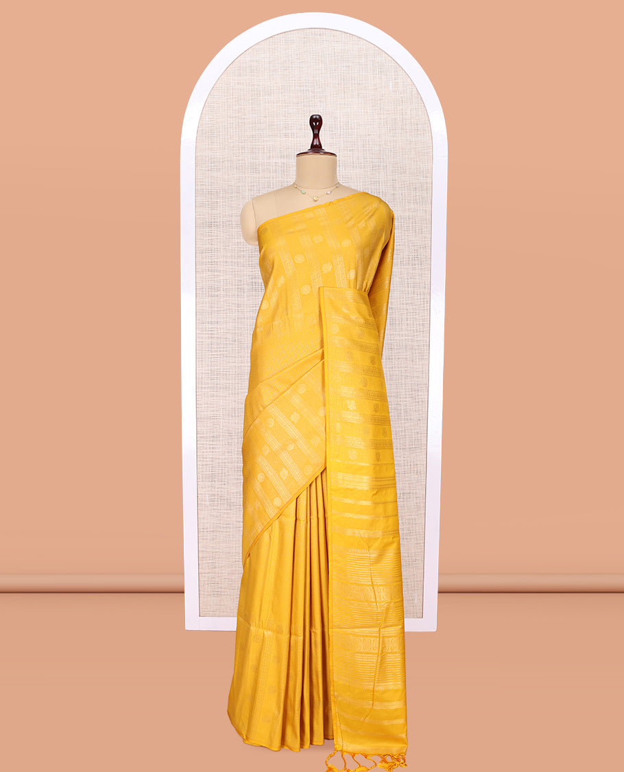 Borderless Peacock Chakram Yellow Budget Silk Saree