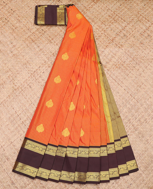 Orange Contrast Zari Butta and Checks Budget Silk Saree