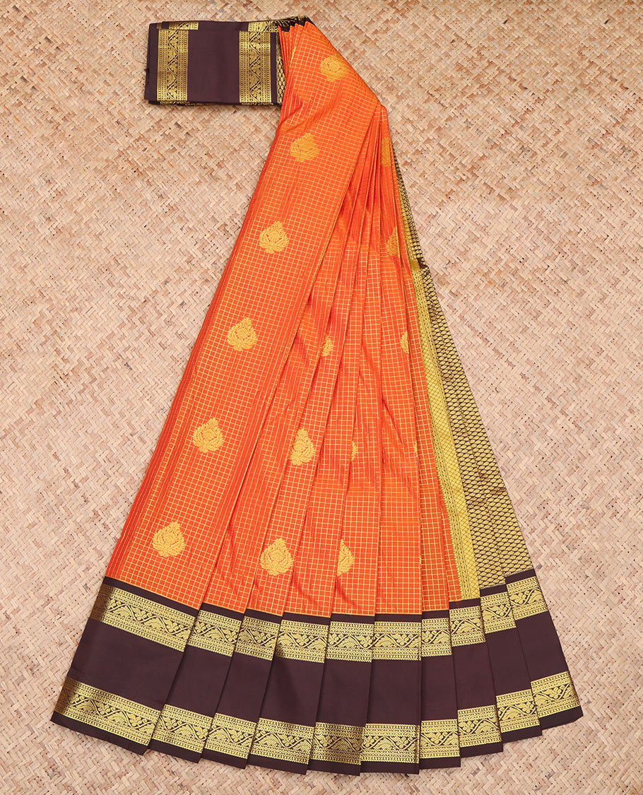 Orange Contrast Zari Butta and Checks Budget Silk Saree