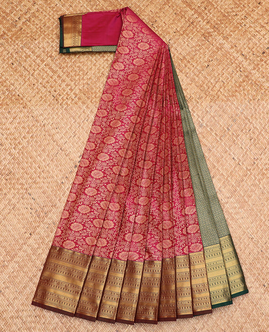 Light maroon jacquard gift saree, contrast traditional zari design border, and pallu of jaal designs