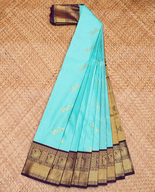 Blue zari buttas gift saree, contrast traditional zari border of paisleys, and pallu of big paisleys