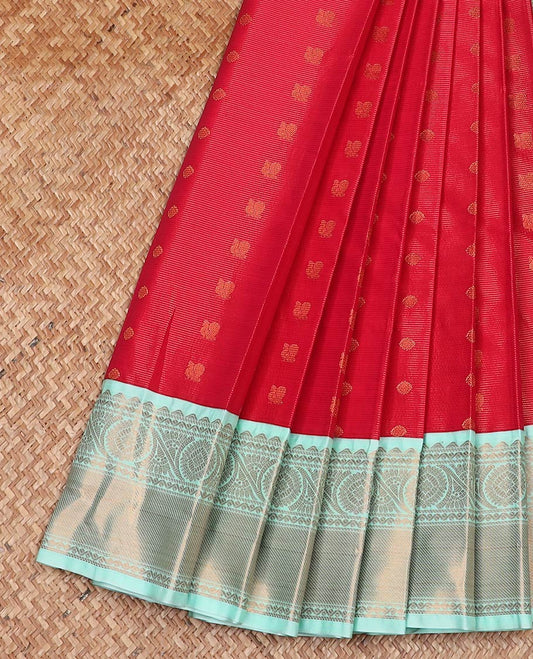 Red striped and peacock chakra buttas gift saree, contrast traditional zari design border, and jaal pallu