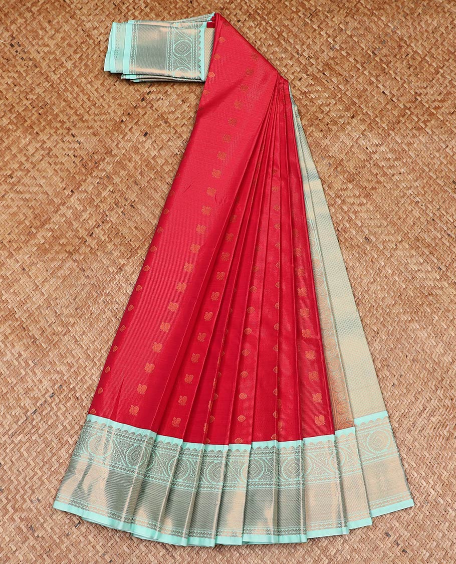 Red striped and peacock chakra buttas gift saree, contrast traditional zari design border, and jaal pallu