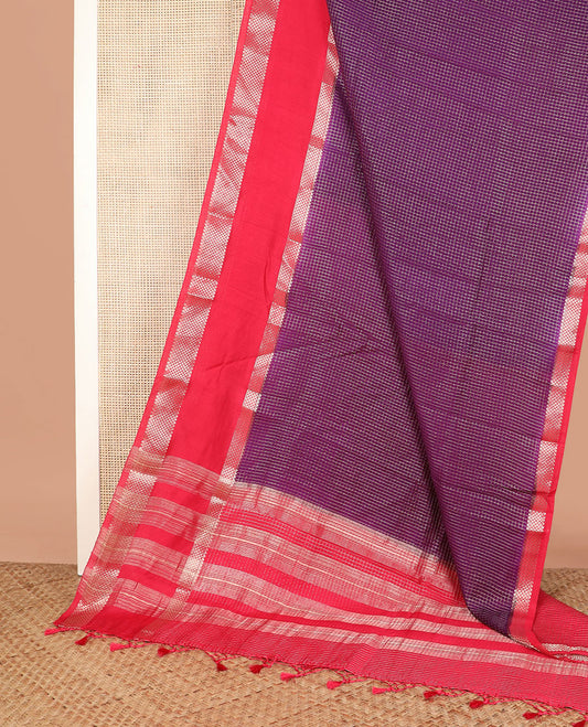 Purple zari checked assam silk saree, contrast traditional zari border, and pallu of zari designs