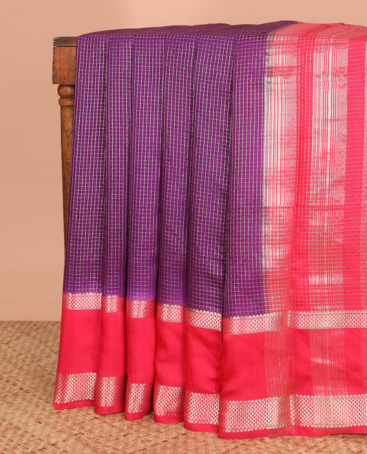 Purple zari checked assam silk saree, contrast traditional zari border, and pallu of zari designs