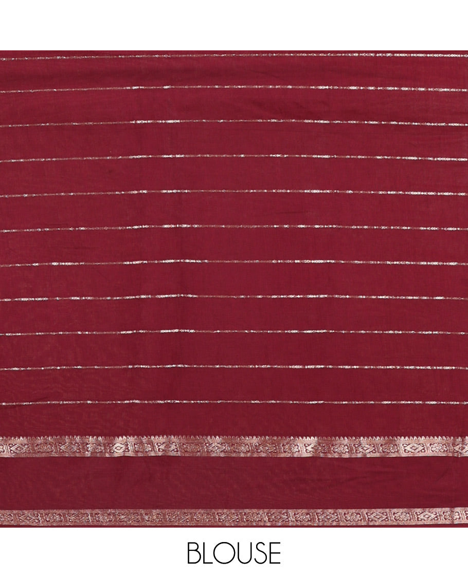 Peach Assam Silk Saree Embellished with Zari Stripes, Complemented with a Contrast Traditional Design Border, Zari-Elevated Pallu, and Paired with a Contrast Blouse