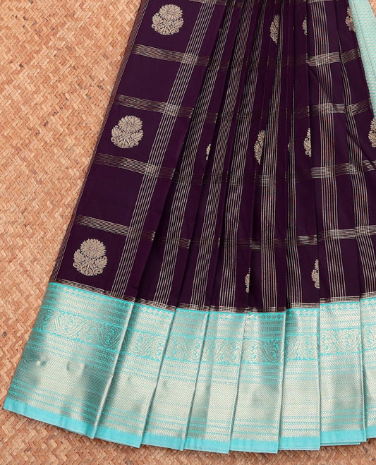 Purple Budget Silk Saree, Beautified with Zari Butta  Enclosed Checks, Complemented by a Contrast Traditional Zari Border, Grand Pallu, and Contrast Blouse