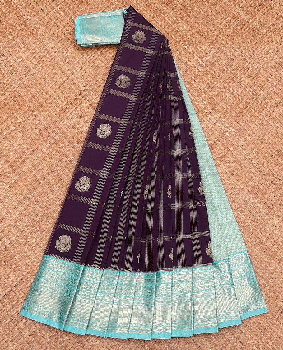 Purple Budget Silk Saree, Beautified with Zari Butta  Enclosed Checks, Complemented by a Contrast Traditional Zari Border, Grand Pallu, and Contrast Blouse