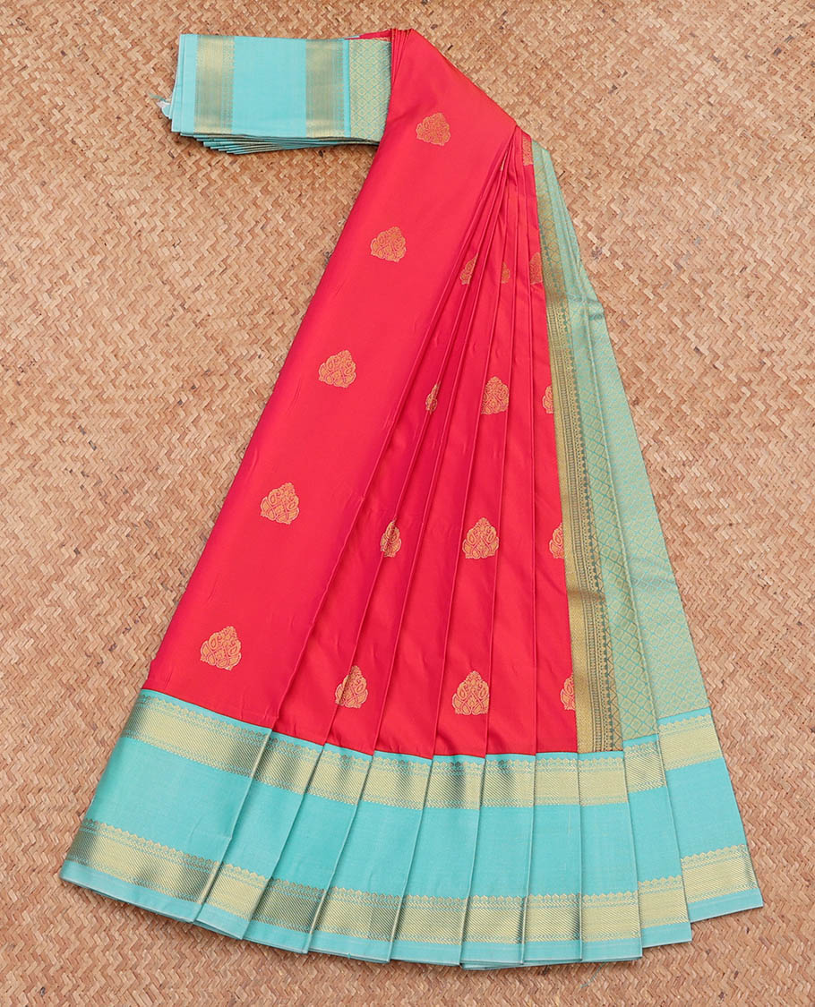 Red Budget Silk Saree, Spotlighted with Zari Buttas, Complemented by a Contrast Traditional Zari Rettai Pettu Border, Jaal Pallu, and a Contrast Blouse