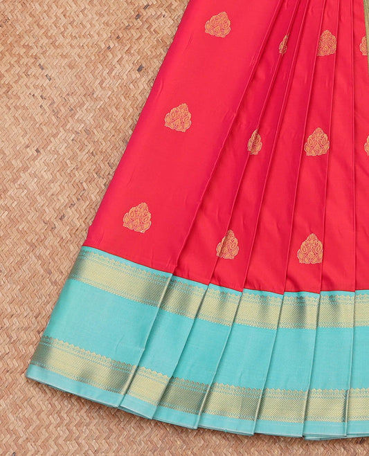 Red Budget Silk Saree, Spotlighted with Zari Buttas, Complemented by a Contrast Traditional Zari Rettai Pettu Border, Jaal Pallu, and a Contrast Blouse