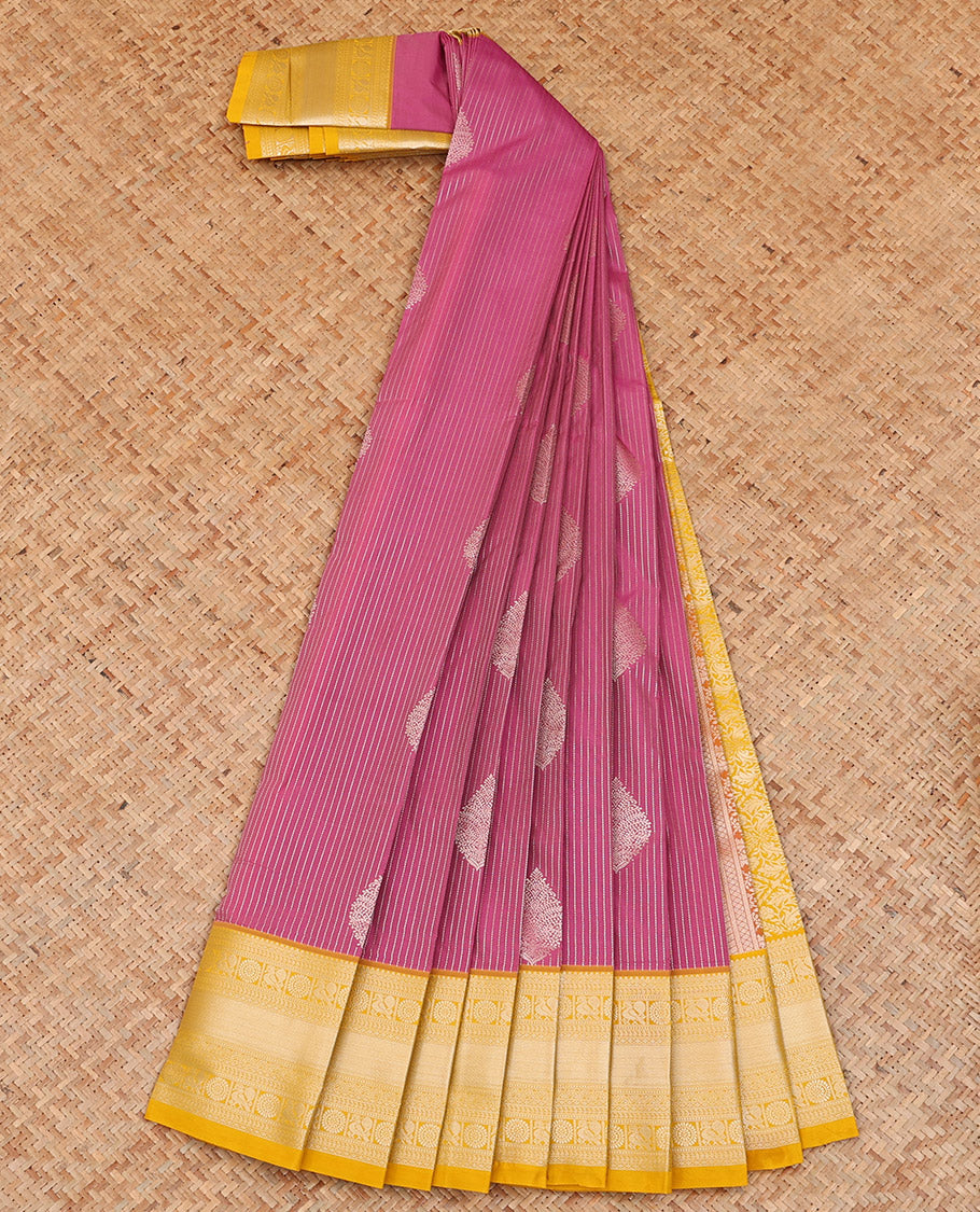 Pink Budget Silk Saree Woven with Zari Stripes and Thilakam Buttas All Over Its Body, Complemented by a Contrast Traditional Zari Design Border, Pallu Opulently Embellished with Jaal Design, and Paired with a Contrast Blouse