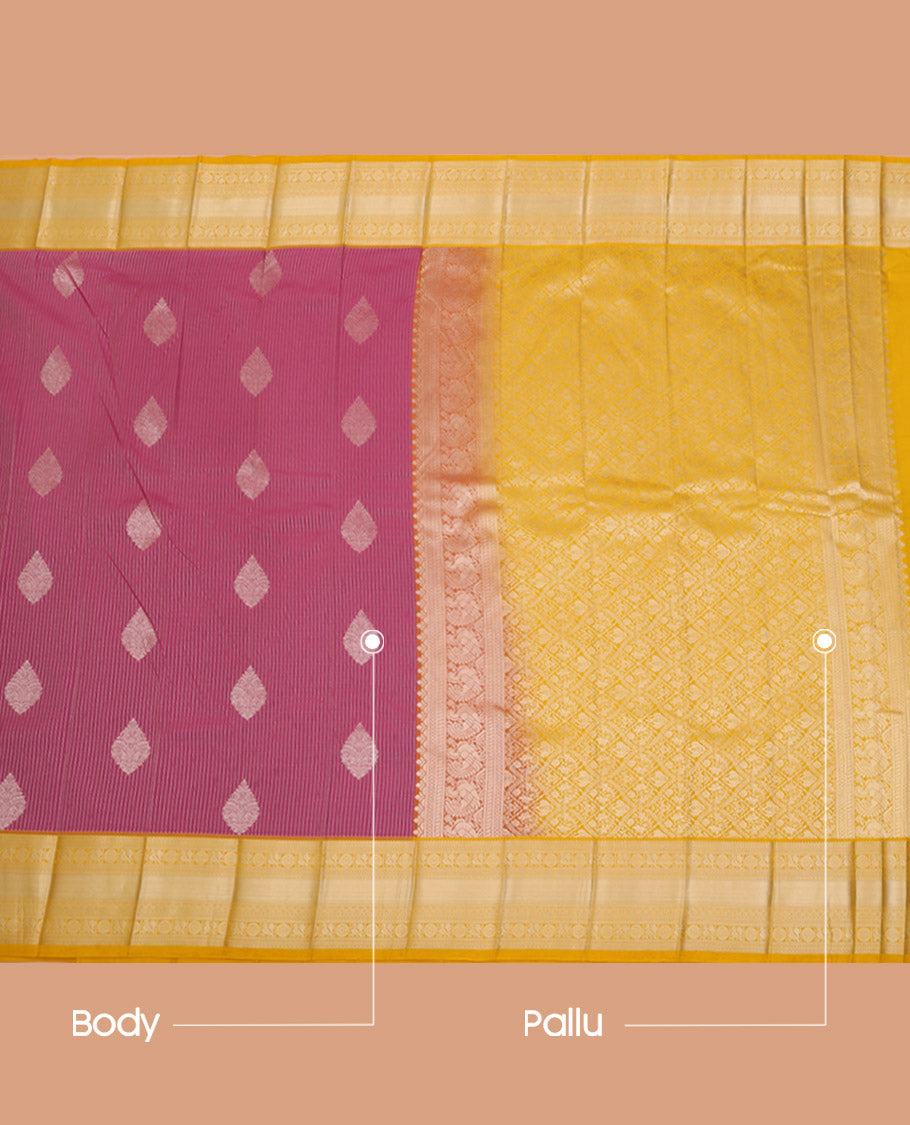 Pink Budget Silk Saree Woven with Zari Stripes and Thilakam Buttas All Over Its Body, Complemented by a Contrast Traditional Zari Design Border, Pallu Opulently Embellished with Jaal Design, and Paired with a Contrast Blouse