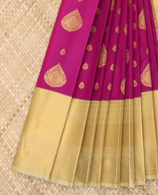 Pink zari buttas budget silk saree, contrast traditional zari design border, and intricate pallu