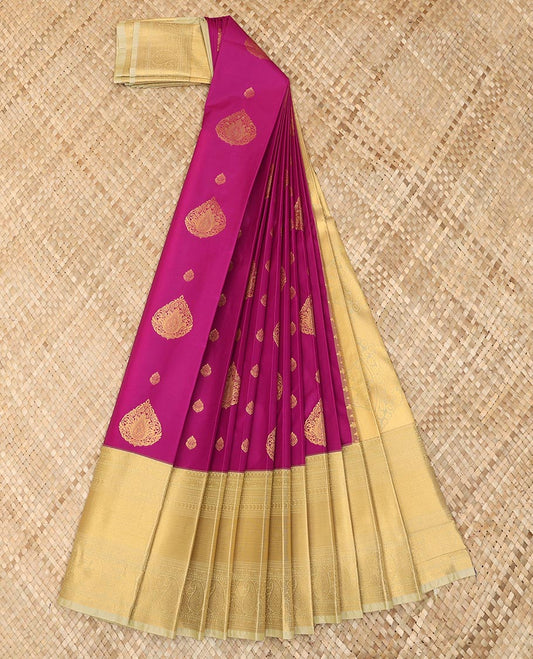 Pink zari buttas budget silk saree, contrast traditional zari design border, and intricate pallu
