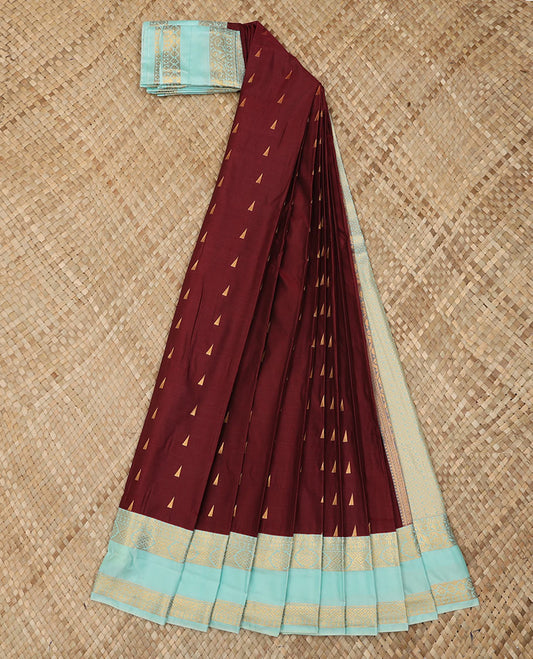 Maroon Budget Silk Saree Highlighted with Triangle Zari Buttas, Complemented with a Contrast Traditional Zari Design Rettai Pettu Border, Gleaming Jaal Pallu, and Paired with a Contrast Blouse