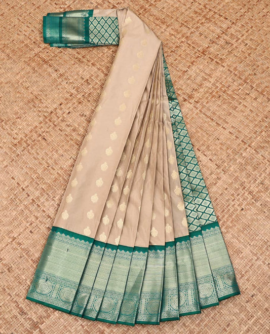 Beige Budget Silk Saree, Subtly Sparkled with Zari Buttas on Its Body, Complemented by a Contrast Traditional Zari Design Border, Jaal Pallu, and Paired with a Contrast Blouse