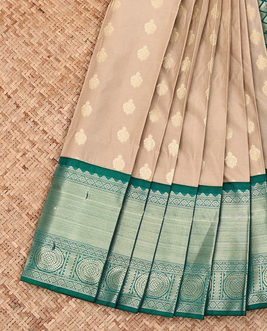 Beige Budget Silk Saree, Subtly Sparkled with Zari Buttas on Its Body, Complemented by a Contrast Traditional Zari Design Border, Jaal Pallu, and Paired with a Contrast Blouse