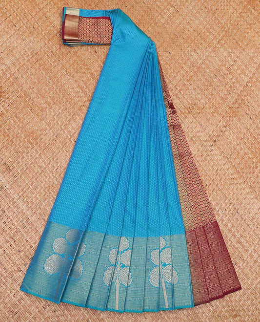 Blue Embossed Budget Silk Saree, Subtly Woven with Traditional Zari Border of Floral Motifs, Contrast Grand Jaal Pallu and Paired with a Contrast Blouse