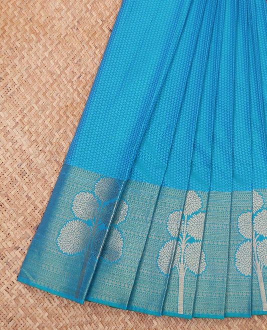 Blue Embossed Budget Silk Saree, Subtly Woven with Traditional Zari Border of Floral Motifs, Contrast Grand Jaal Pallu and Paired with a Contrast Blouse