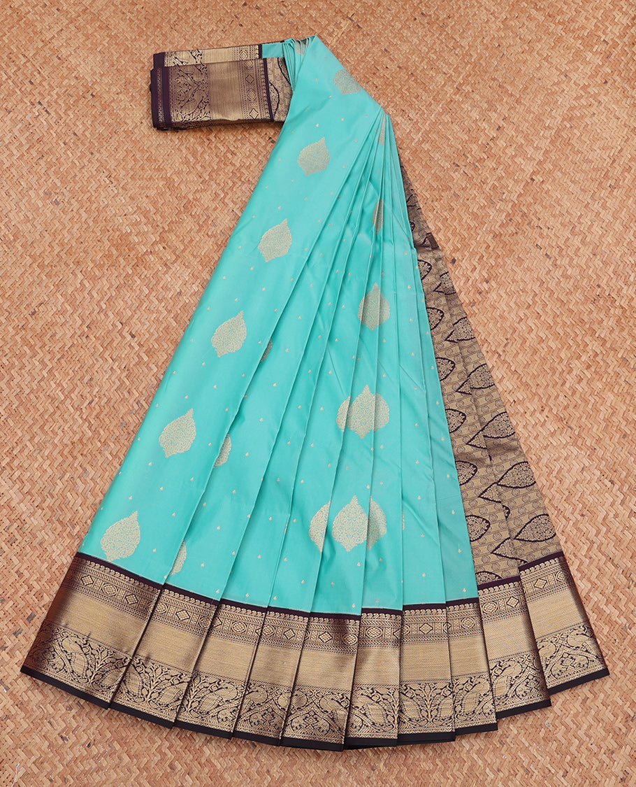 Blue Budget Silk Saree, Detailed with Zari Buttas, Complemented by Contrast Traditional Zari Border, Grand Pallu, and a Contrast Blouse