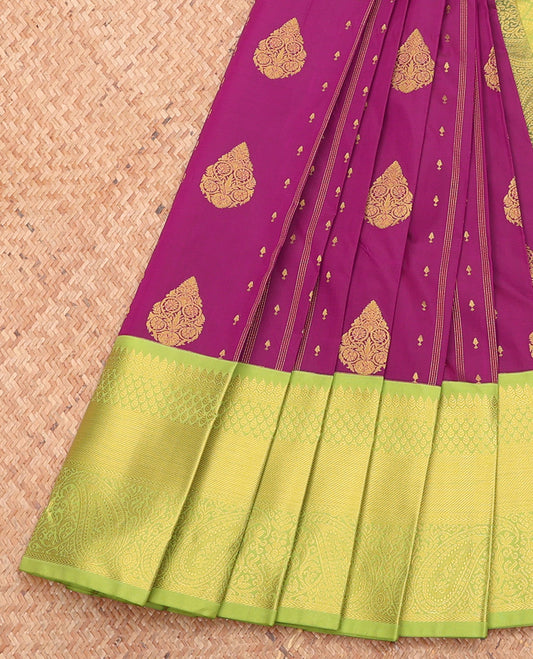 Purple Budget Silk Saree, Detailed with Zari Buttas and Stripes, Complemented by a Contrast Traditional Zari Border, Jaal Pallu, and a Contrast Blouse