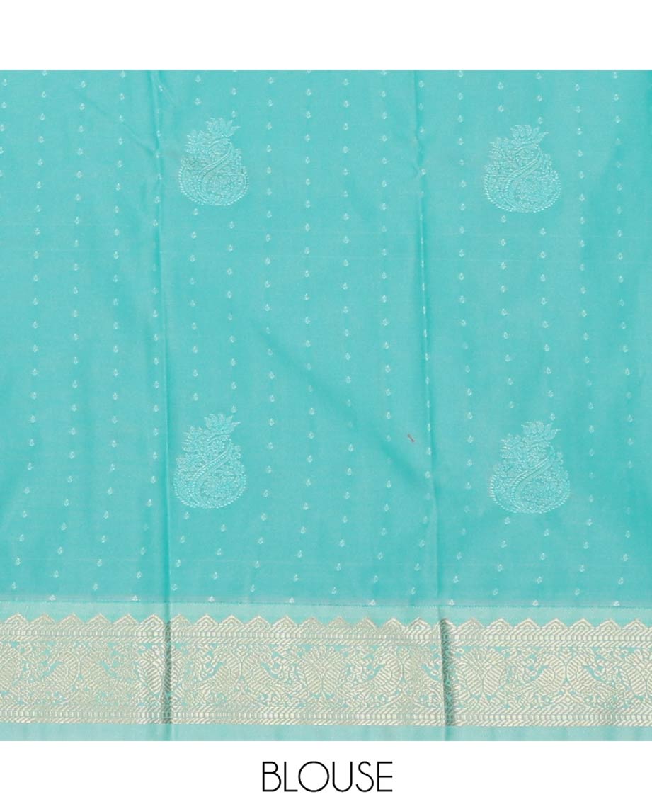 Blue Budget Silk Saree Steeped with Small Buttas and Floral Buttas, Complemented By a Contrast Traditional Zari Motif Border, Adorned With Pallu Featuring Same Border Motifs, and Paired With a Contrast Blouse
