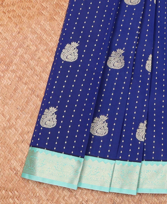 Blue Budget Silk Saree Steeped with Small Buttas and Floral Buttas, Complemented By a Contrast Traditional Zari Motif Border, Adorned With Pallu Featuring Same Border Motifs, and Paired With a Contrast Blouse