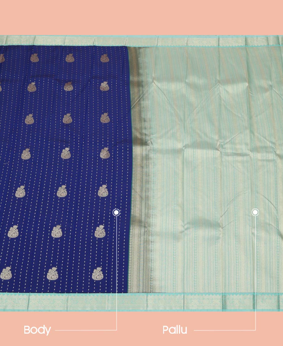 Blue Budget Silk Saree Steeped with Small Buttas and Floral Buttas, Complemented By a Contrast Traditional Zari Motif Border, Adorned With Pallu Featuring Same Border Motifs, and Paired With a Contrast Blouse