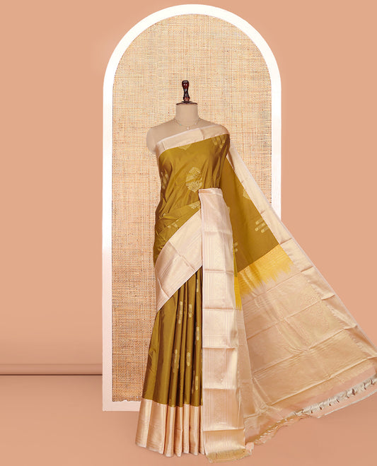 Mustard Budget Silk Saree, Sparsely Woven with Zari Buttas on Its Body, Complemented by a Contrast Traditional Zari Design Border, Intricately Designed Pallu, and Paired with a Contrast Blouse