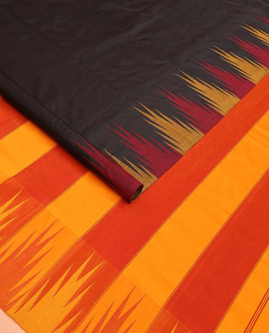 Black plain Bangalore silk saree, contrast temple border, and striped pallu