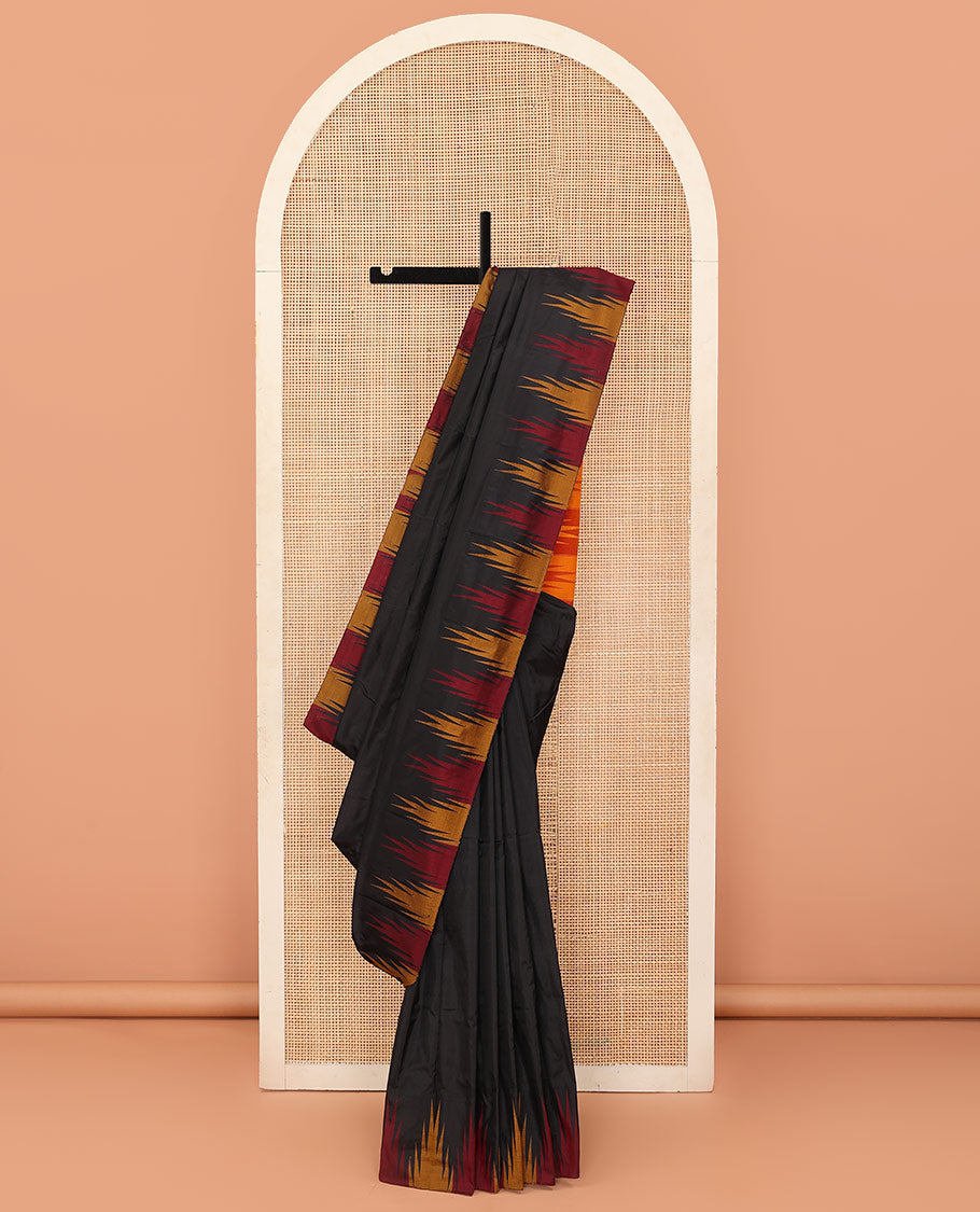 Black plain Bangalore silk saree, contrast temple border, and striped pallu