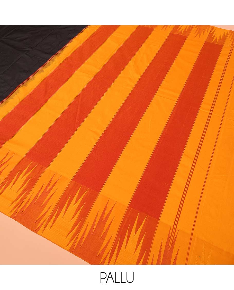 Black plain Bangalore silk saree, contrast temple border, and striped pallu