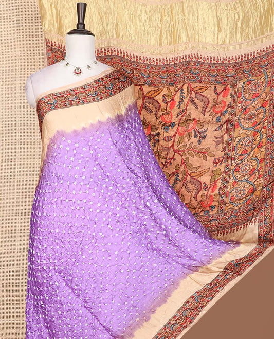 Lavender bandhani dotted bandhani silk saree, contrast border and pallu of floral print