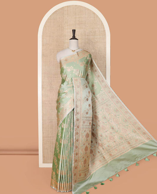 Green floral creeper design with stone work banarasi silk saree, floral creeper design border, and pallu of intricate designs with stone work