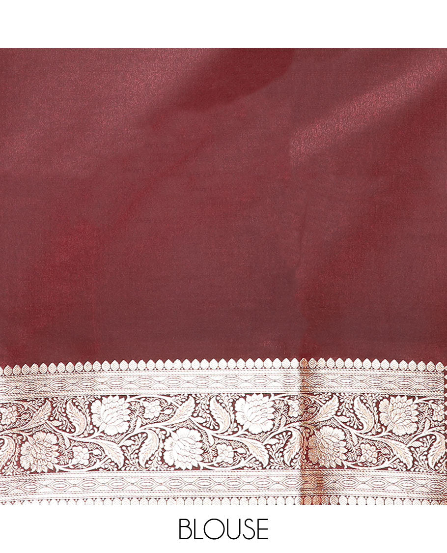 Brown floral jaal jacquard banarasi silk saree, floral creeper design border, and intricate ogee patterned pallu