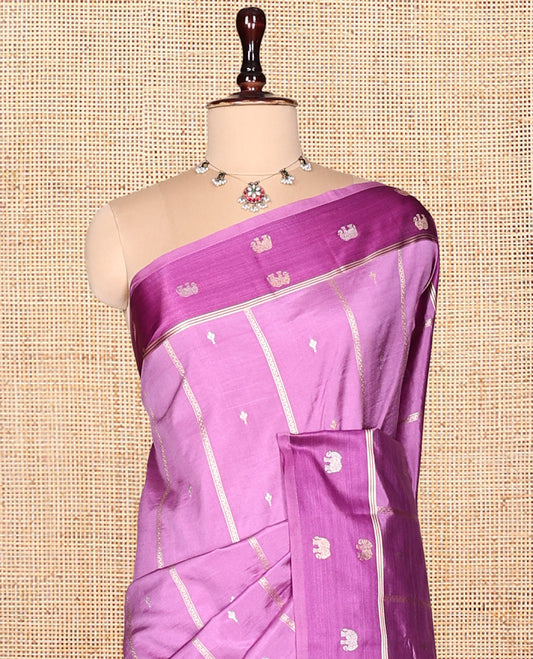 Pink Satin Silk Saree, Adorned with Buttas and Stripes, Complemented by a Contrast Elephant Motif Border,  Grand Jaal Pallu, and a Contrast Blouse