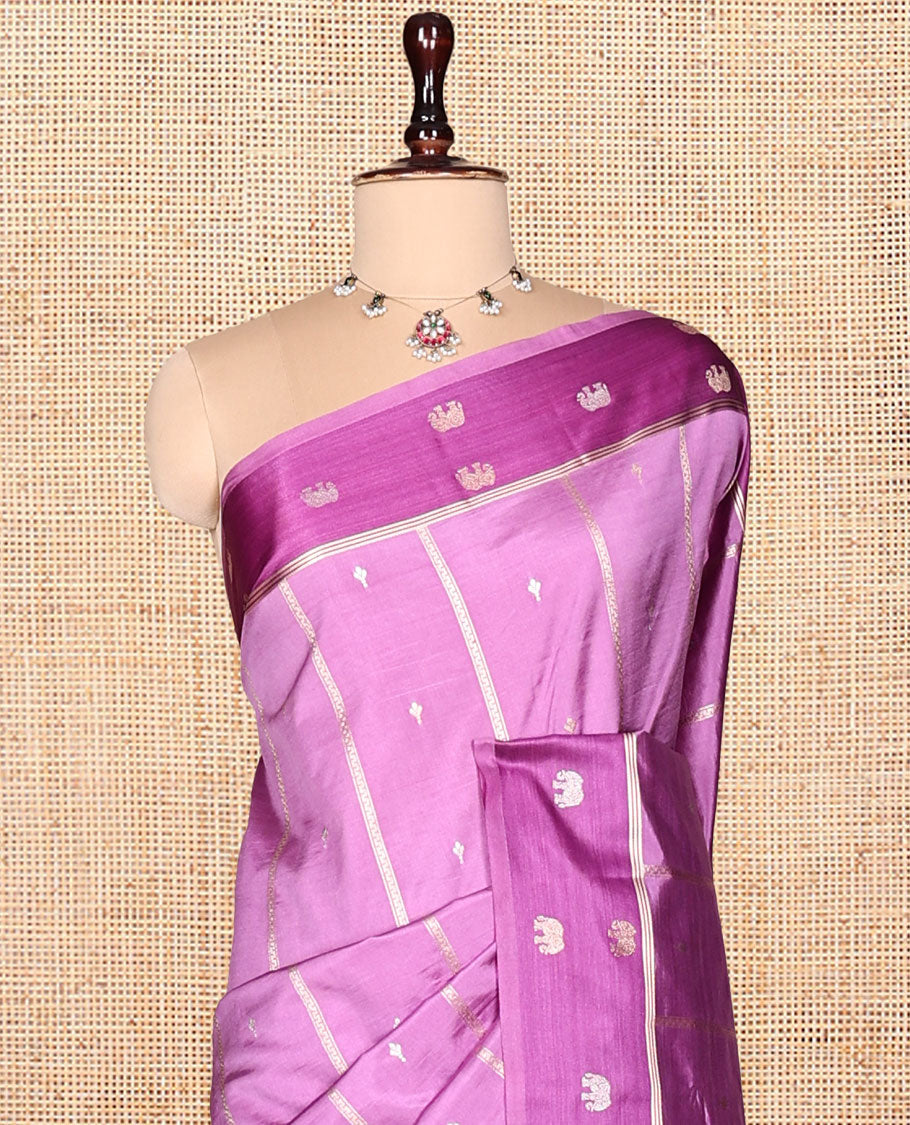 Pink Satin Silk Saree, Adorned with Buttas and Stripes, Complemented by a Contrast Elephant Motif Border,  Grand Jaal Pallu, and a Contrast Blouse