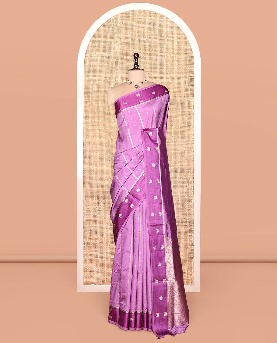 Pink Satin Silk Saree, Adorned with Buttas and Stripes, Complemented by a Contrast Elephant Motif Border,  Grand Jaal Pallu, and a Contrast Blouse