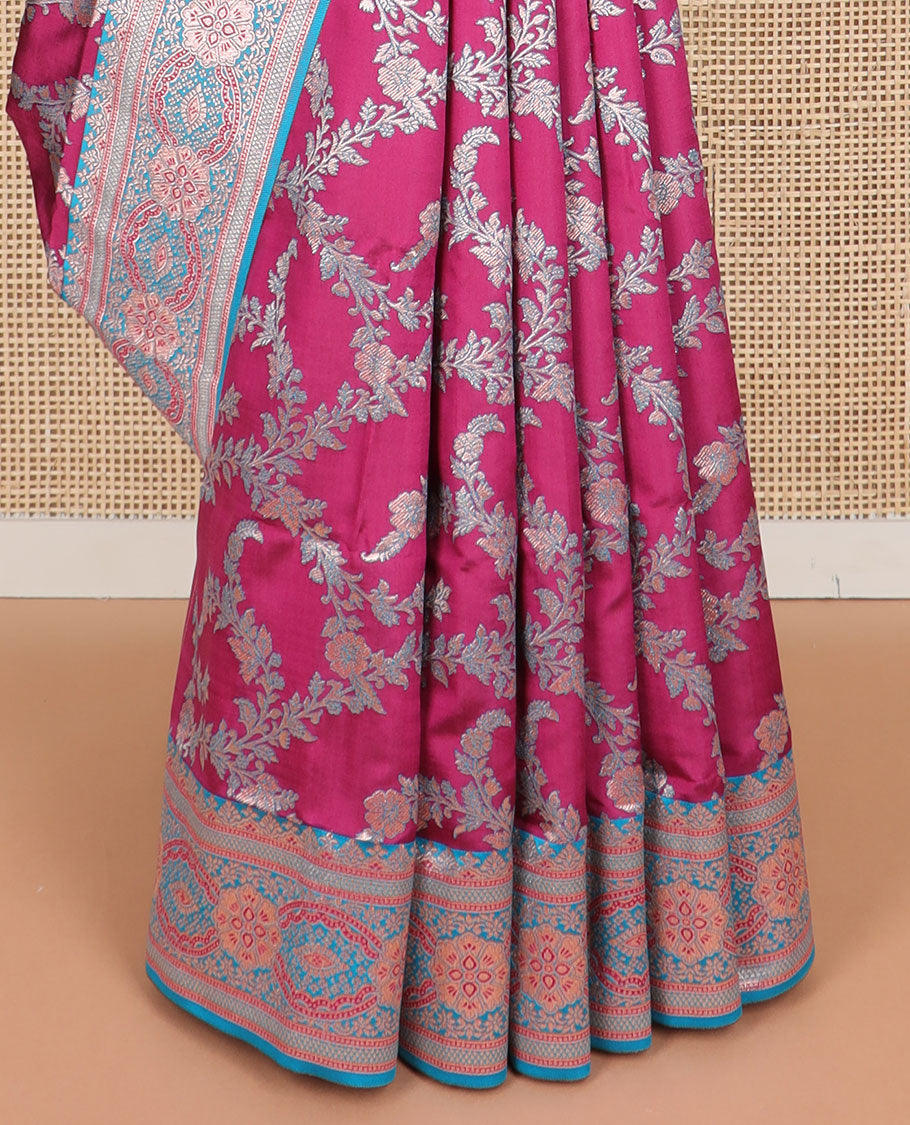 Red floral jaal design butter silk saree with contrast intricate zari design border & floral design pallu