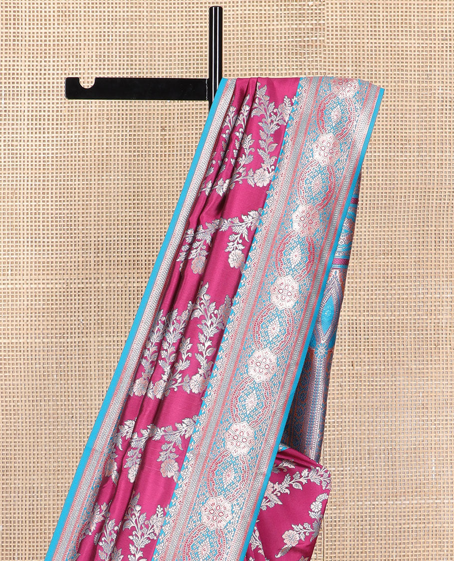 Red floral jaal design butter silk saree with contrast intricate zari design border & floral design pallu
