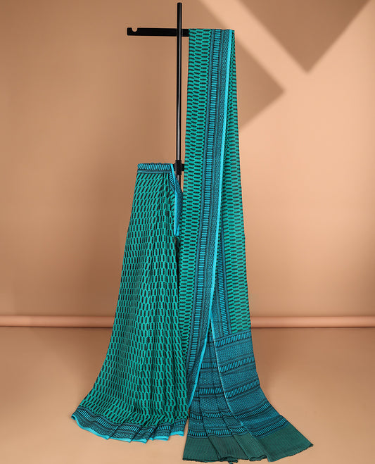 Blue unique motifs printed semi-banaras crepe saree, contrast border & pallu of geometric print