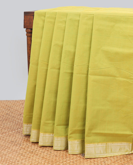 Green mangalagiri cotton saree with self zari design border & striped pallu