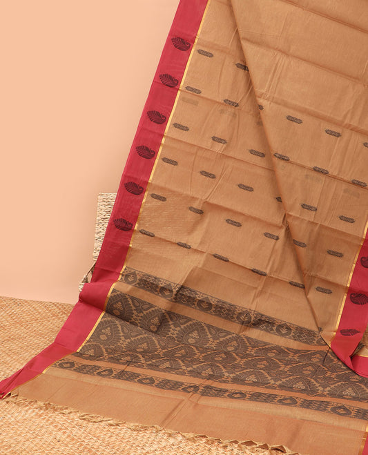 Light brown floral motifs kanchi cotton saree with contrast floral design border & floral design pallu