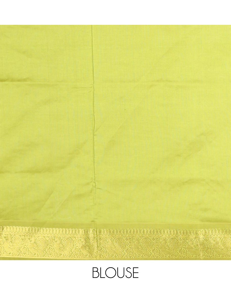 Green Plain Poly Cotton Saree, Complemented by a Contrast Traditional Zari Border of Peacock Designs, Pallu Steeped with Paisley Designs, and Paired with a Contrast Blouse