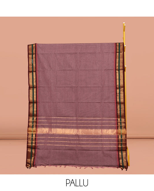 Brown Plain Chettinad Cotton Saree, Complemented by a Contrast Traditional Zari Design Border, Gleaming Zari Striped Pallu, and Paired with a Matching Blouse