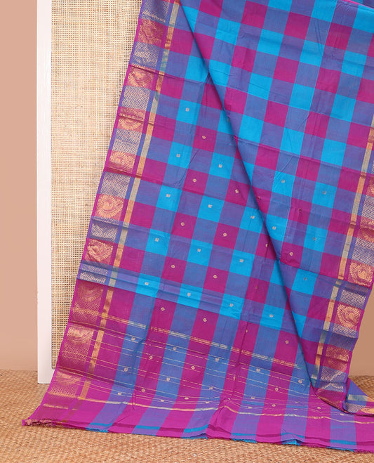 Multi-color checked and buttas Chettinad cotton saree, traditional zari border, and pallu of stripes and buttas