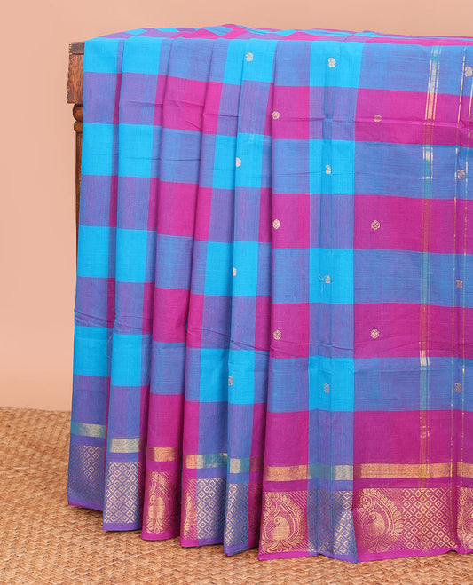 Multi-color checked and buttas Chettinad cotton saree, traditional zari border, and pallu of stripes and buttas