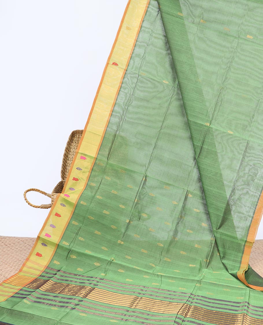 Green buttas Vengatagiri cotton saree, contrast border & striped pallu